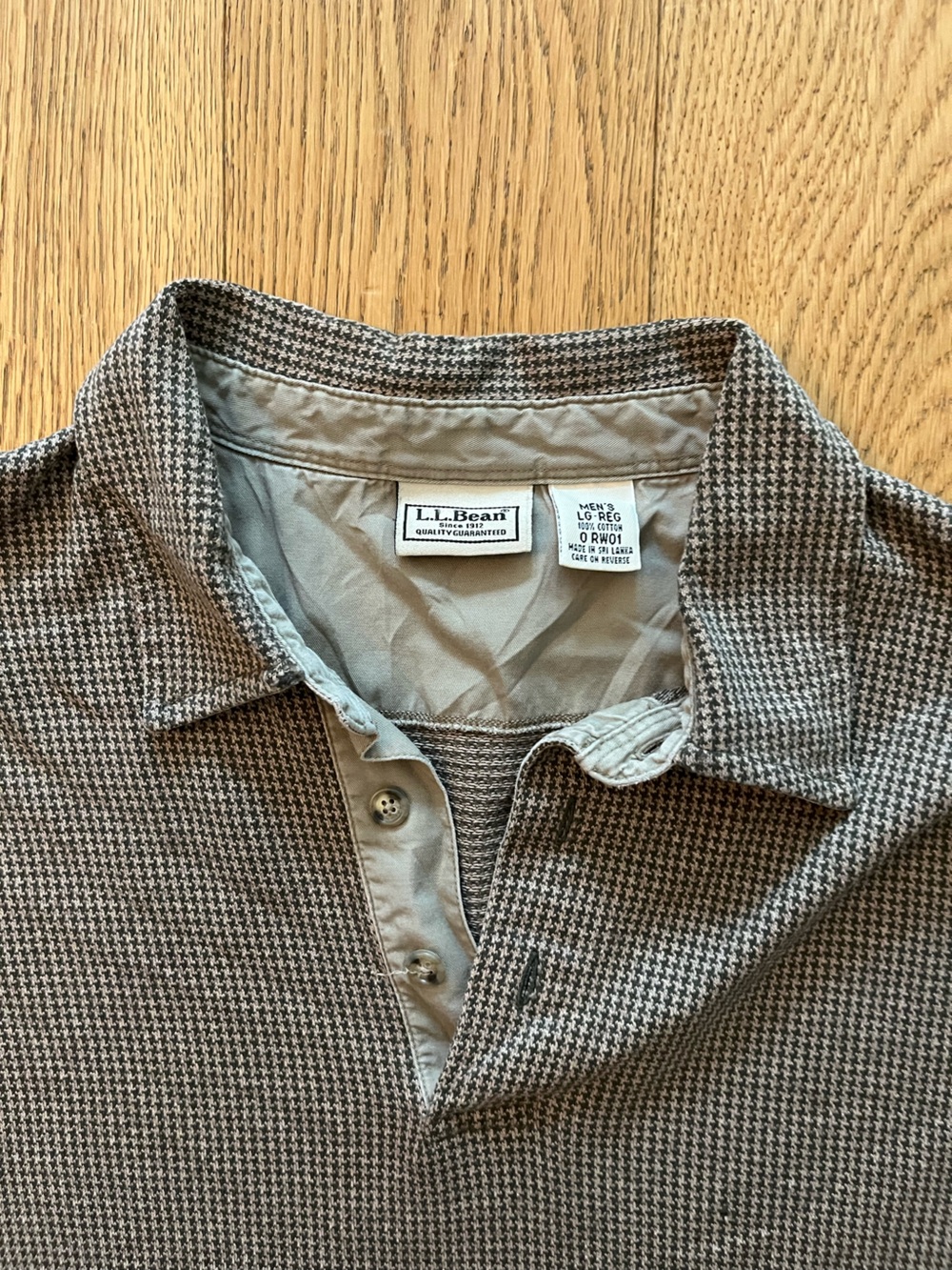 LL Bean Mens Large Brown Houndstooth Long Sleeve Pullover Polo Shirt 100% Cotton